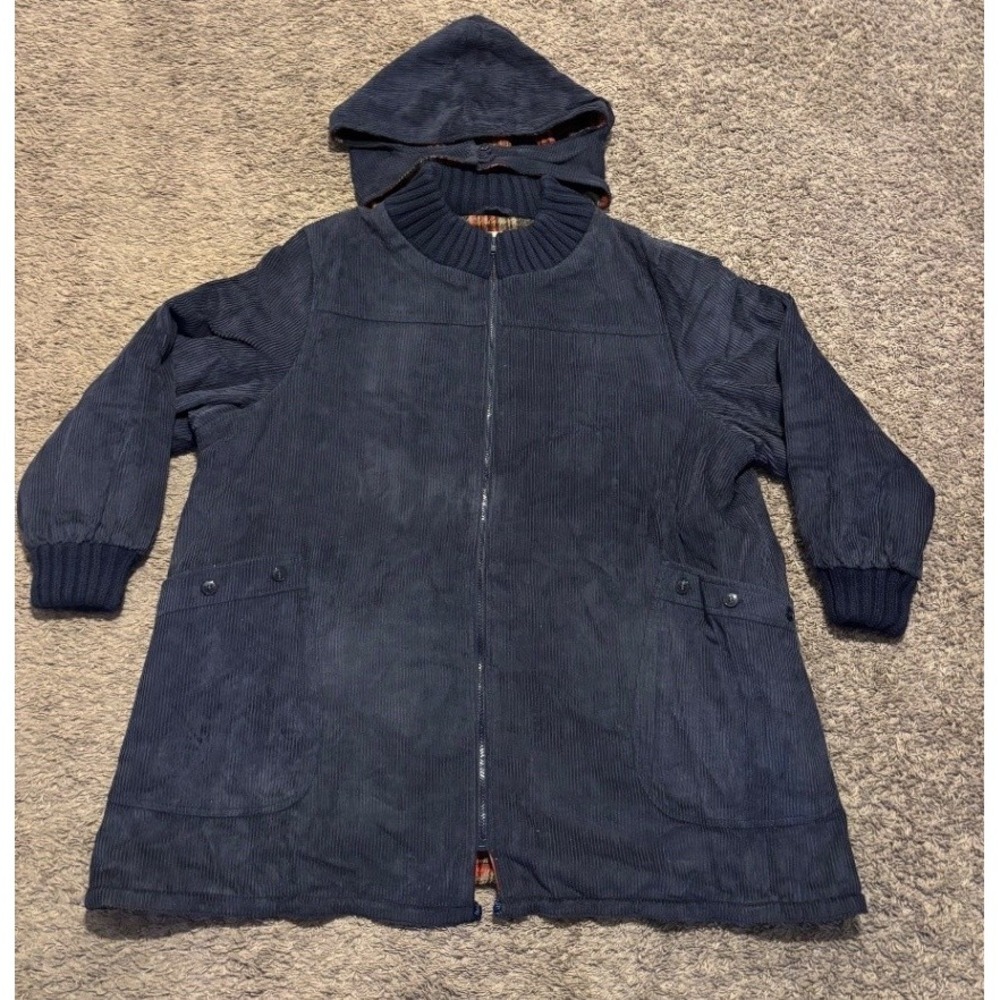 Harrington Park Women's Navy Corduroy Hooded Jacket Plaid Lined Size C2 3XL